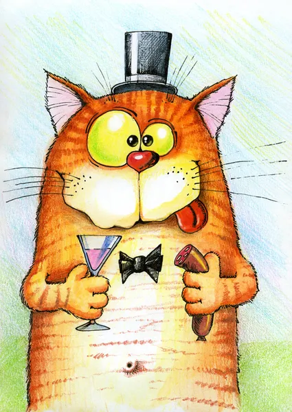 Glad katt håller en korv och ett glas — Stockfoto