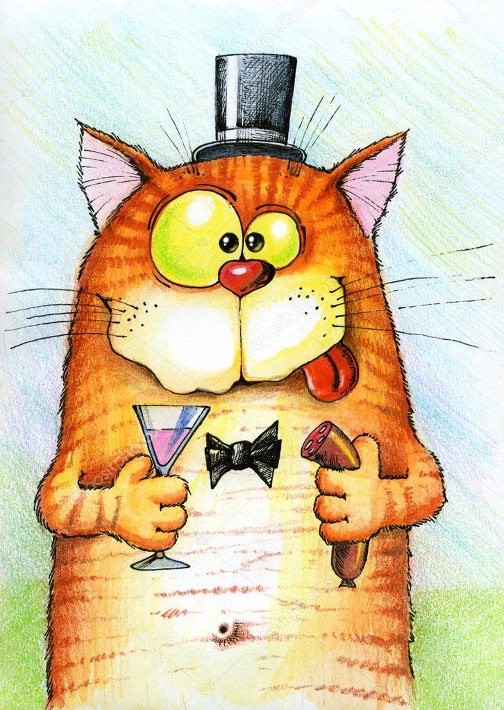 Happy cat holding a sausage and a glass