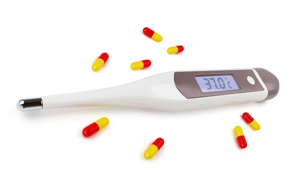 Thermometer and pill — Stock Photo, Image