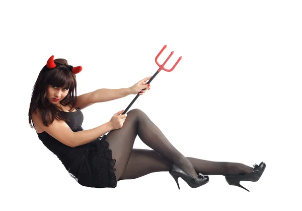 Söt flicka i devil kostym — Stockfoto