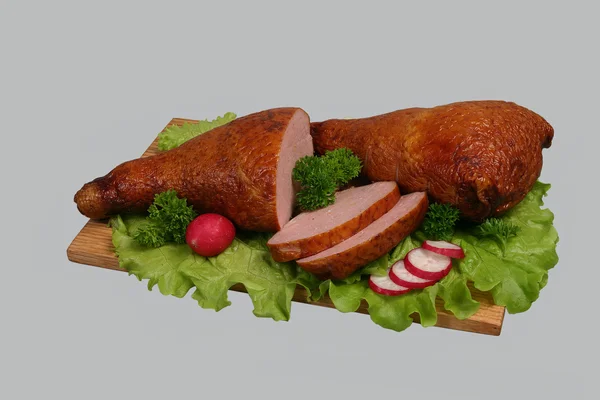 Smoked chicken on wooden board. — Stock Photo, Image