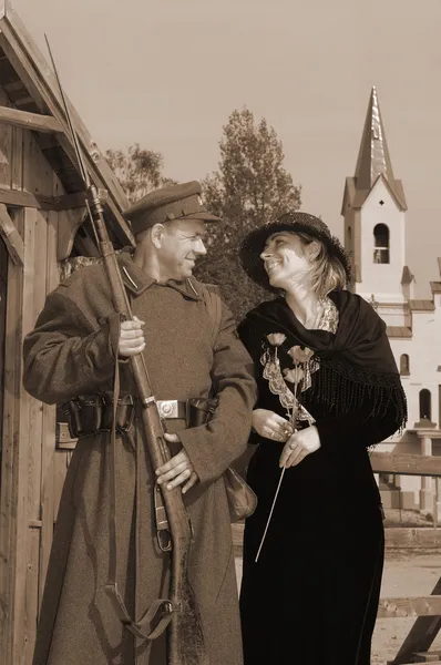 Retro picture with woman and soldier — Stock Photo, Image