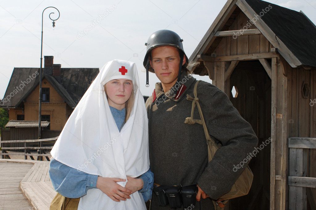 Retro picture with nurse and soldier