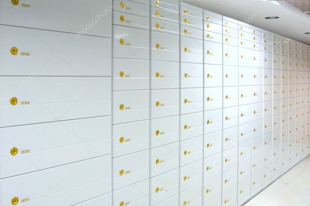 Wall of safe deposit boxes
