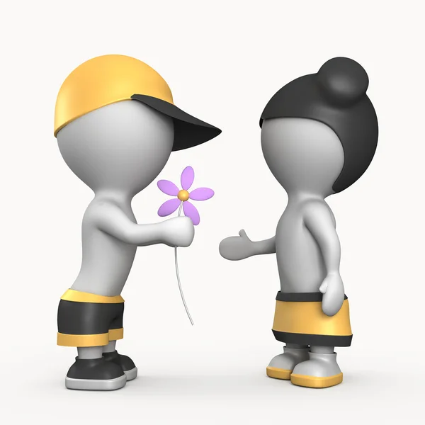Mädchen und Junge mit Blume 3D-Illustration Stockfoto