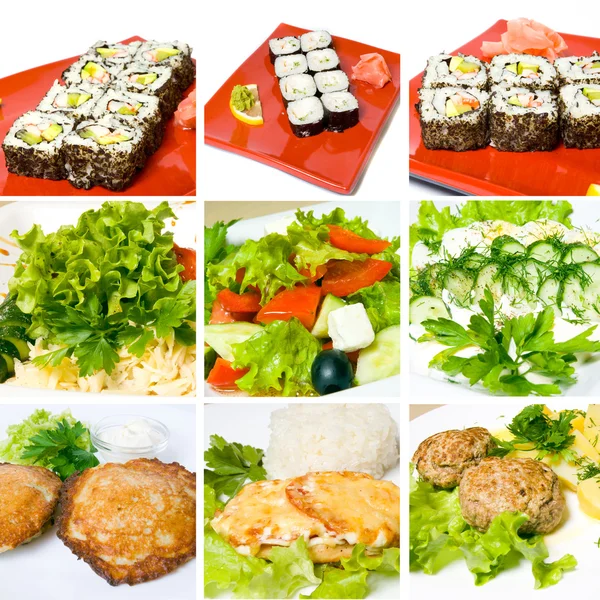 Carne, salada e outros alimentos — Fotografia de Stock