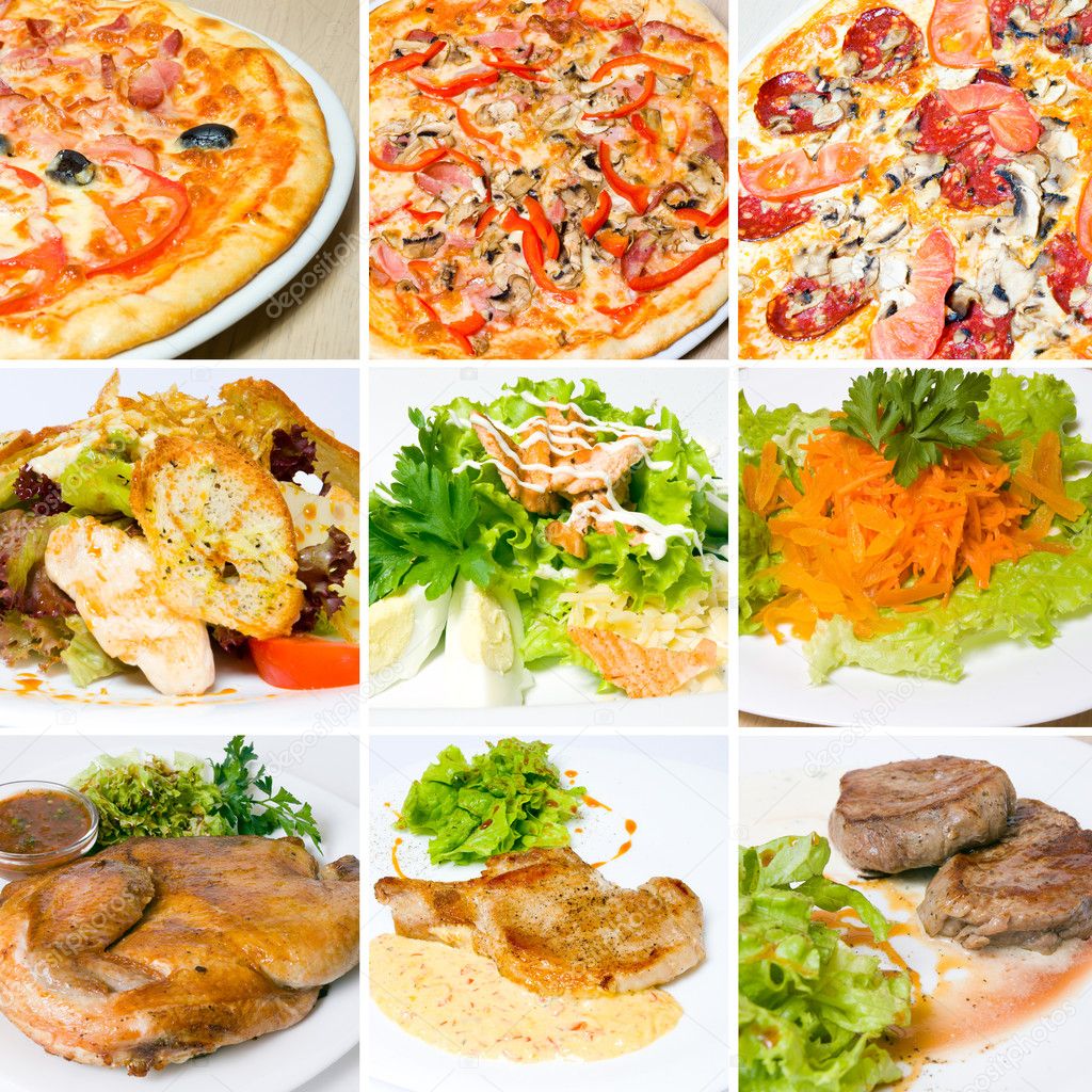 Pizza, meat, salad and other food
