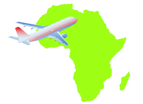 Düsenflugzeug fliegt mit Afrika-Karte auf — Stockvektor