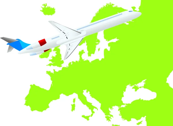 Düsenflugzeug fliegt mit Europakarte auf — Stockvektor