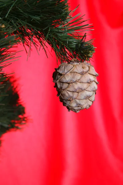 Vánoční strom a čípky proti červené zadní — Stock fotografie