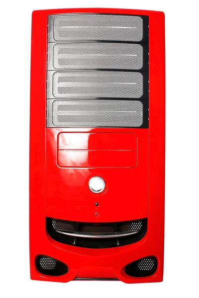 白で隔離される赤いコンピューター ケース — ストック写真