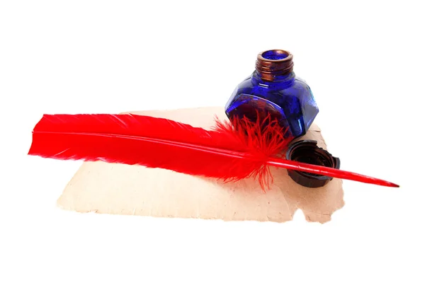 Antique red pen and inkwell at old paper — Stock Photo, Image