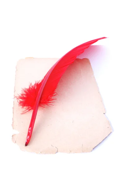 Vintage message book with red feather pen on table — Stock Photo, Image