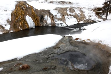 Winter season at hot geyser and river of clipart