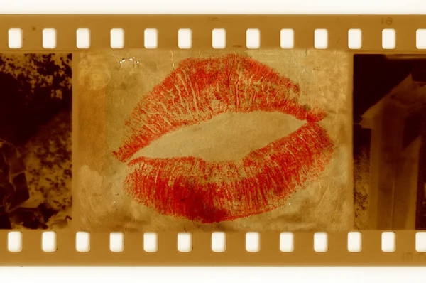 Old 35mm frame photo with red lips — Stock Photo, Image