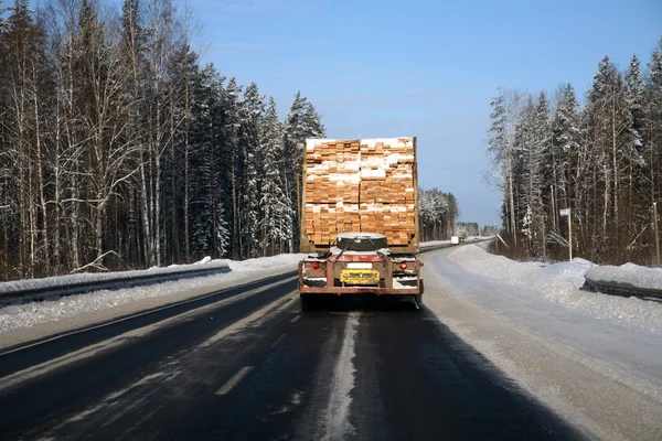 Dirigir estrada abaixo na floresta nevada — Fotografia de Stock