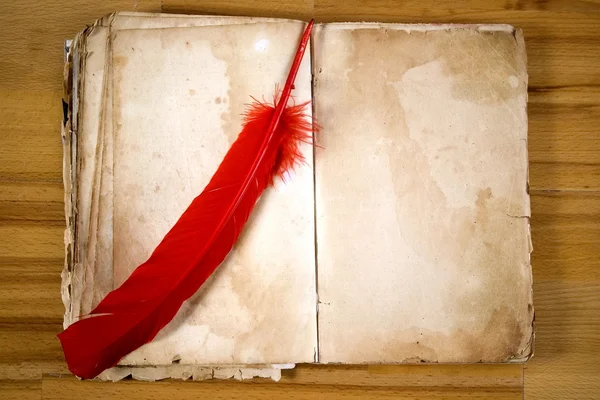 Staré zprávy kniha s červeným peřím — Stock fotografie