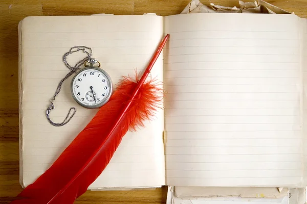 Old Message Book with red feather — Stock Photo, Image
