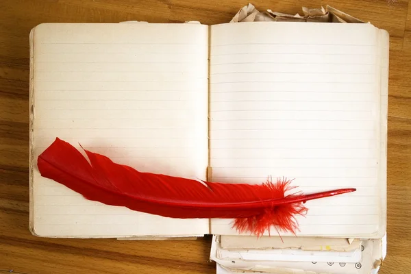 赤い羽根を持つ古いメッセージ本 — ストック写真
