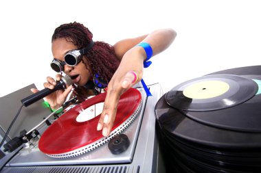 Cool afro american DJ in action clipart