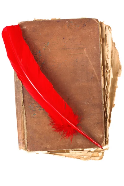 Libro vintage con penna piuma rossa — Foto Stock