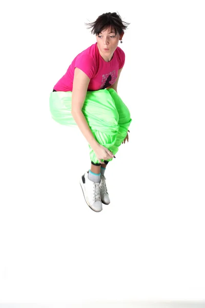 Mokrém zralé zelené jablko跳跃的女人现代舞蹈家 — 图库照片
