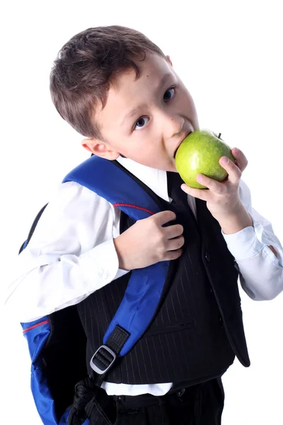 Μαθητής με σακίδιο και μήλο — Φωτογραφία Αρχείου