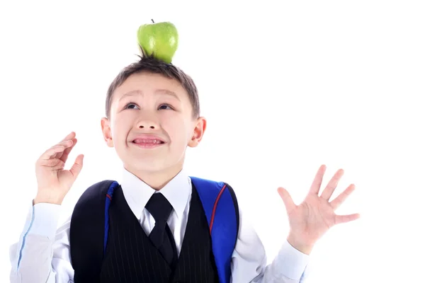 Schoolboy with backpack and apple — Stock Photo, Image