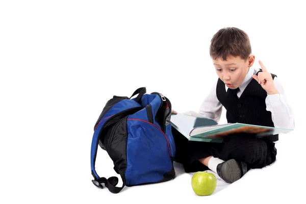 Schoolboy with book and apple — Stock Photo, Image