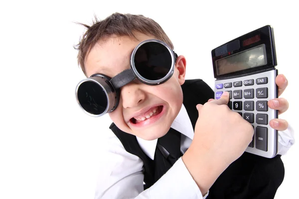 Učení - boy s kalkulačkou — Stock fotografie