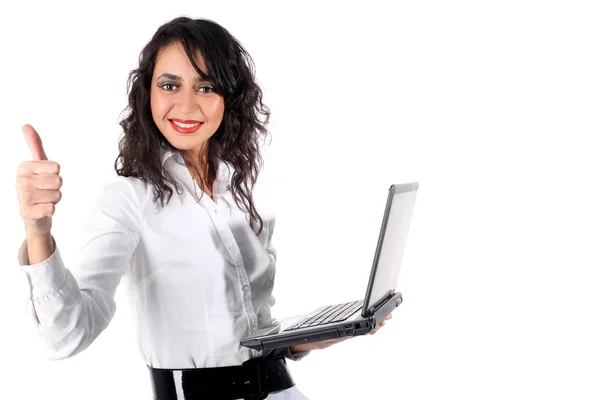 Geschäftsfrau mit PC isoliert auf weiß — Stockfoto