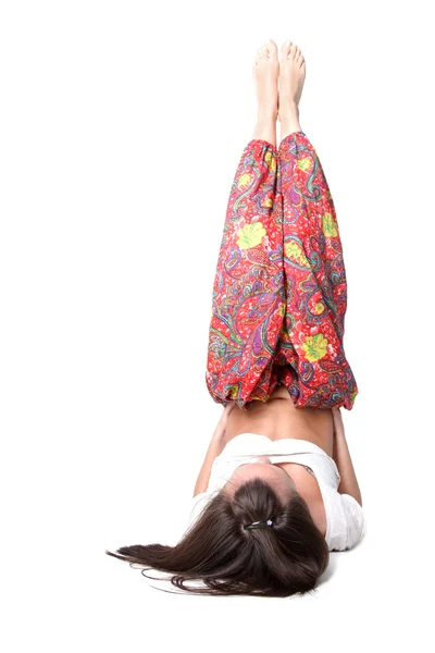 Yoga-kız beyaz izole — Stok fotoğraf