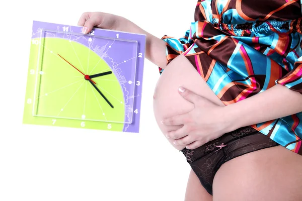 Mãe expectante 40 semanas com relógio — Fotografia de Stock