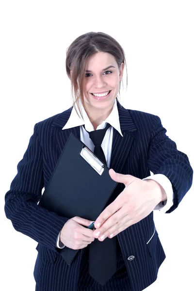 Vriendelijke zakenvrouw met open hand — Stockfoto