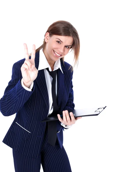 Geschäftsfrau mit Siegeszeichen — Stockfoto