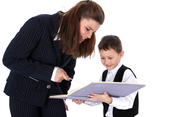 Teacher and boy with book — Stock Photo, Image