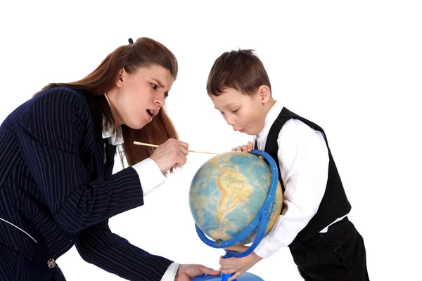 Teacher and boy with globe — Stock Photo, Image