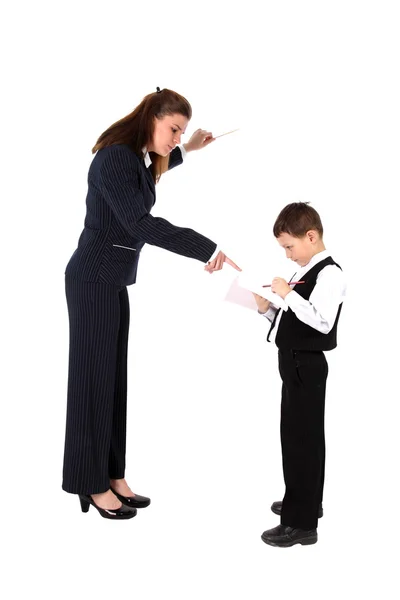 Учитель и мальчик с ручкой — стоковое фото