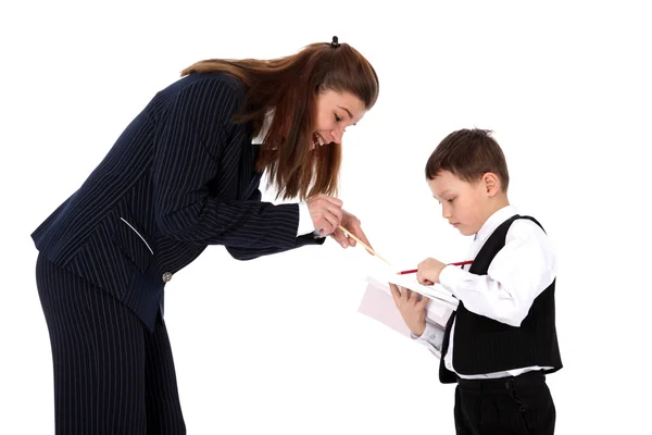 Teacher and boy with pen — Stock Photo, Image