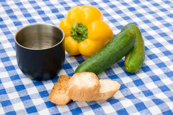 Pepper, cucumber, and bread - a morning — Stock Photo, Image