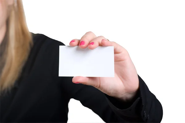 stock image The girl holds a card in hands