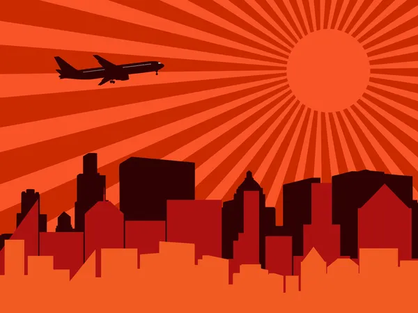 城市、 飞机和太阳 — 图库矢量图片