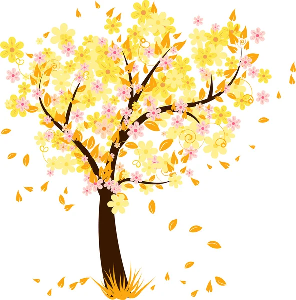 Höstträd med fallande löv — Stock vektor