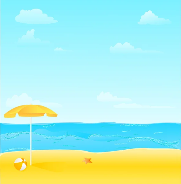 Praia com guarda-chuva, bola e estrela do mar il — Vetor de Stock