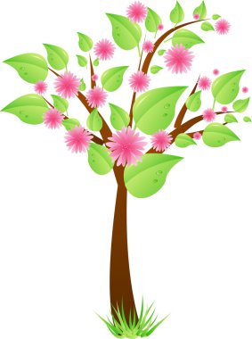 Tree with leaves and pink flowers clipart