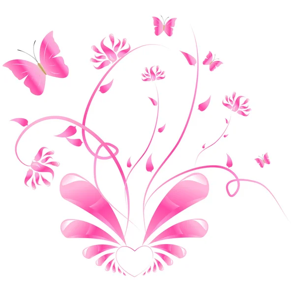 Diseño floral rosa con mariposas — Vector de stock