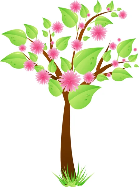 Boom met bladeren en roze bloemen — Stockvector