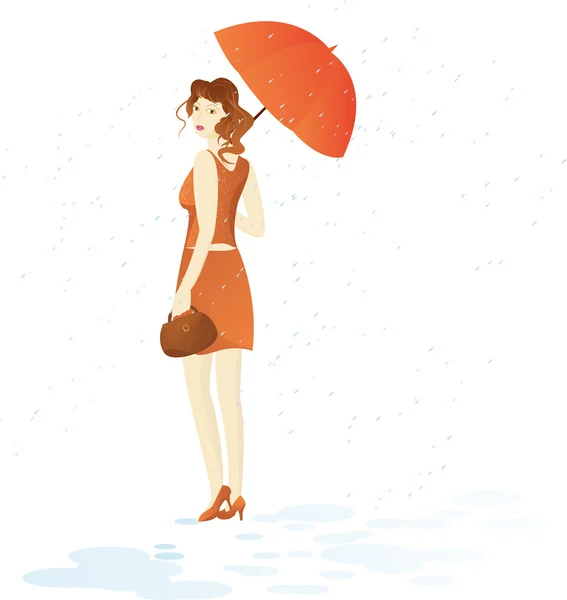 Девушка ходит с зонтиком под дождем — стоковый вектор