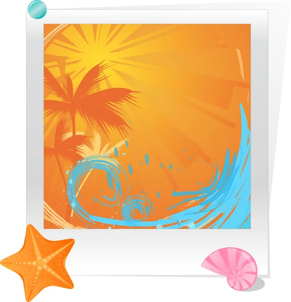 Oceano al tramonto delle palme con stelle marine e mari — Vettoriale Stock