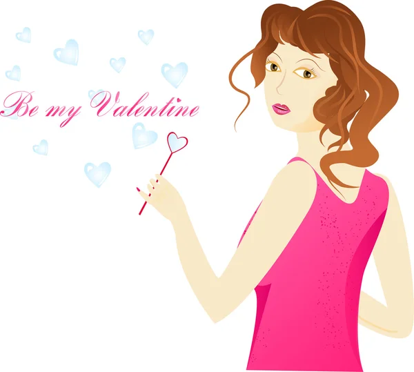 Tarjeta de San Valentín. Chica y burbuja de jabón — Vector de stock